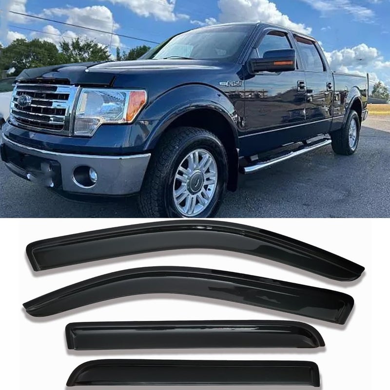 Darodcar حواجز نوافذ السيارة الجانبية لحماية المطر تناسب 09-14 فورد F150 كرو كاب، 2010-2014 فورد F-150 SVT رابتور سوبر كرو 94155 ظلال شمسية لنوافذ 4 قطع - Image 1